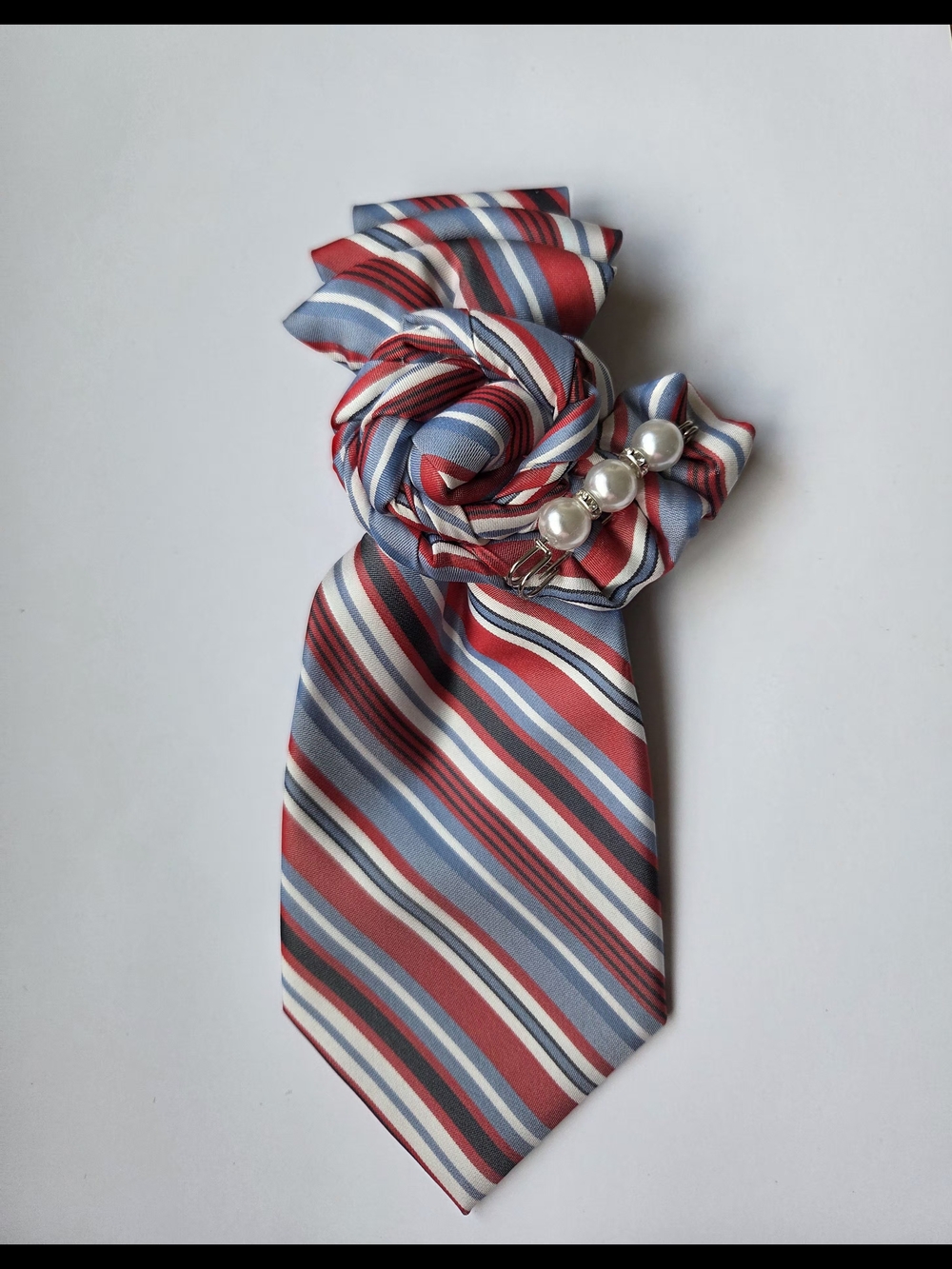 Striped Red & Blue Silk Neck Scarf with Pearl Accent